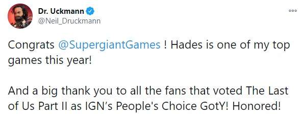 尼尔祝贺《哈迪斯》获IGN年度游戏 感谢给《美末2》投票粉丝