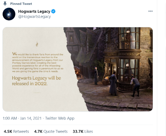 《霍格沃兹：遗产》延期至2022年 为玩家提供最好的游戏体验至关重要
