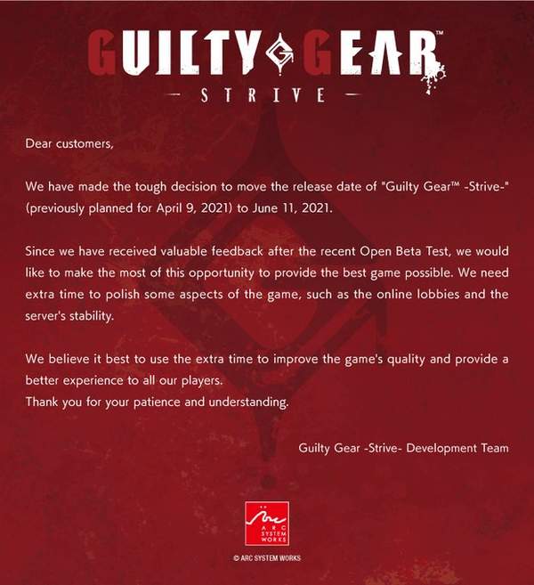 《罪恶装备：Strive》官宣延期6月11日 打磨游戏品质
